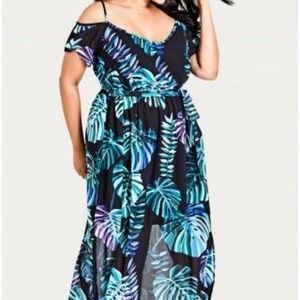 Plus Size Tropical Cold-Shoulder Maxi Dress